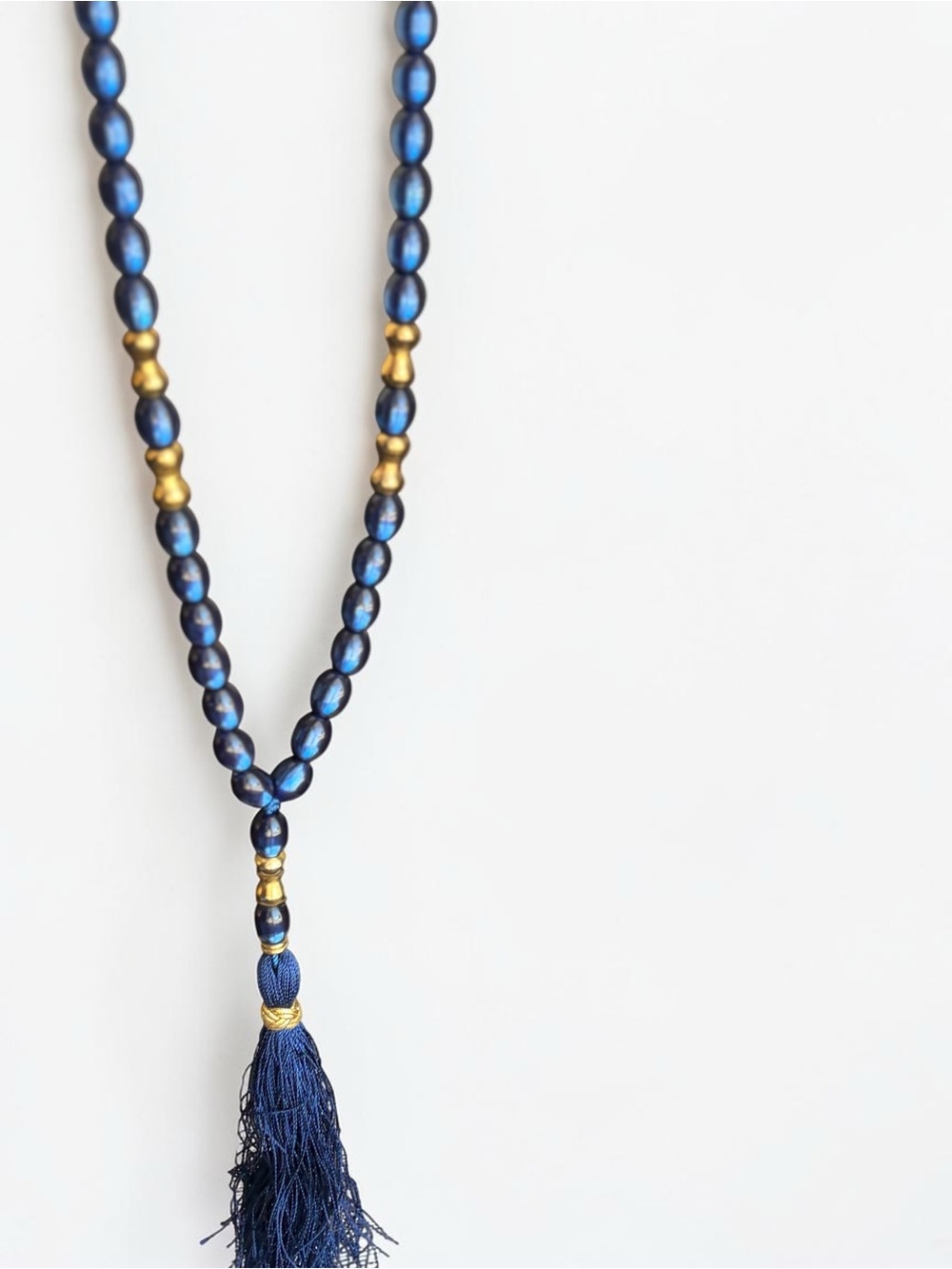 Long Blue and Gold Beaded Tassel Necklace - Women Jewelry